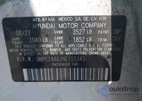 2022 Hyundai Accent Se из США, поврежденный, VIN 3KPC24A62NE155245